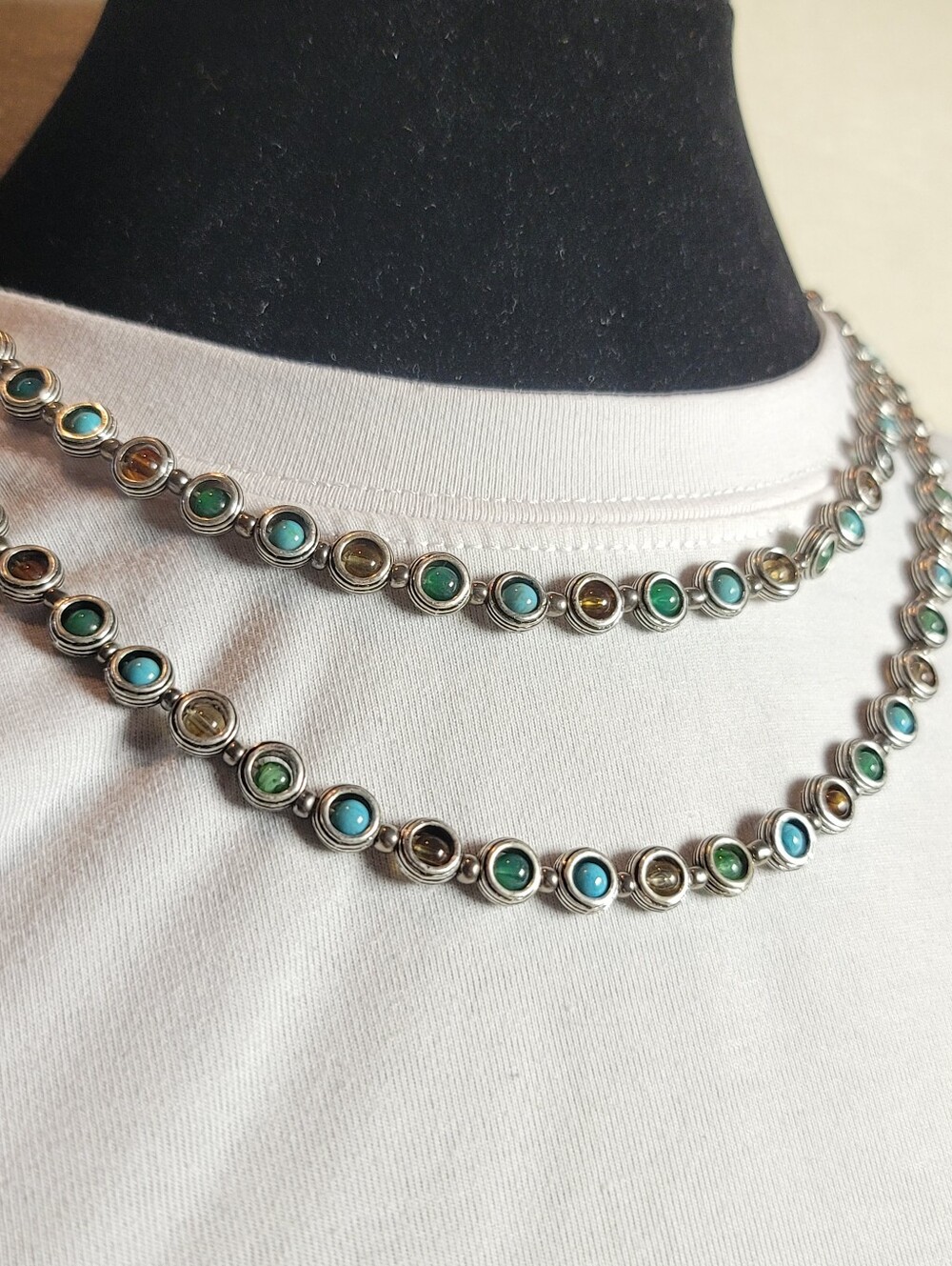 Premier Designs - Multi-Color Bezel Station Necklace - Vintage, Glass, Silver